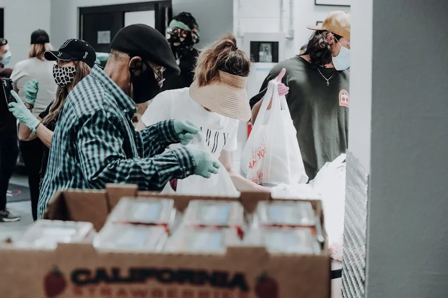 Volunteers organizing food at a community food bank