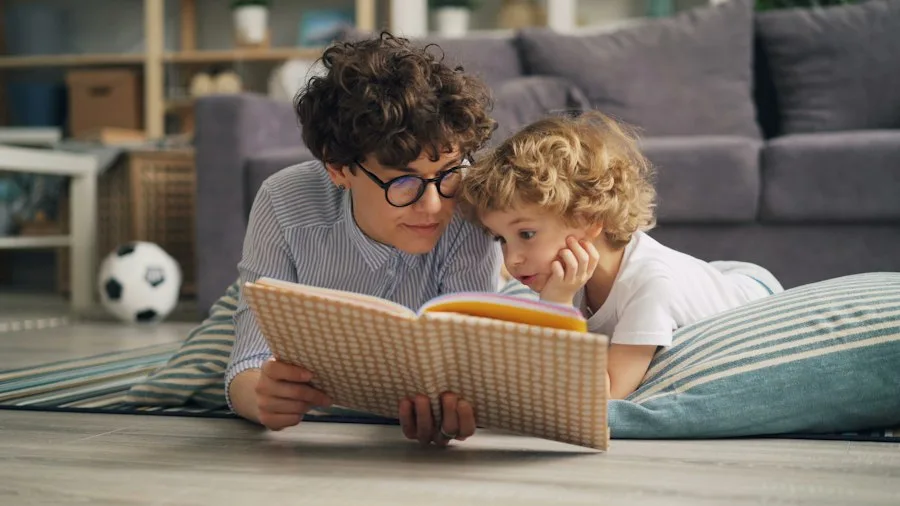 Mother and young child reading a book together at home